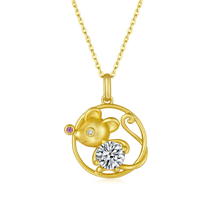 S925 Silver Gold Plated 1ct D Color VVS1 Moissanite Rat Necklace 4.5g Chinese Zodiac Benmingnian Gift GRA Certified Gift Box