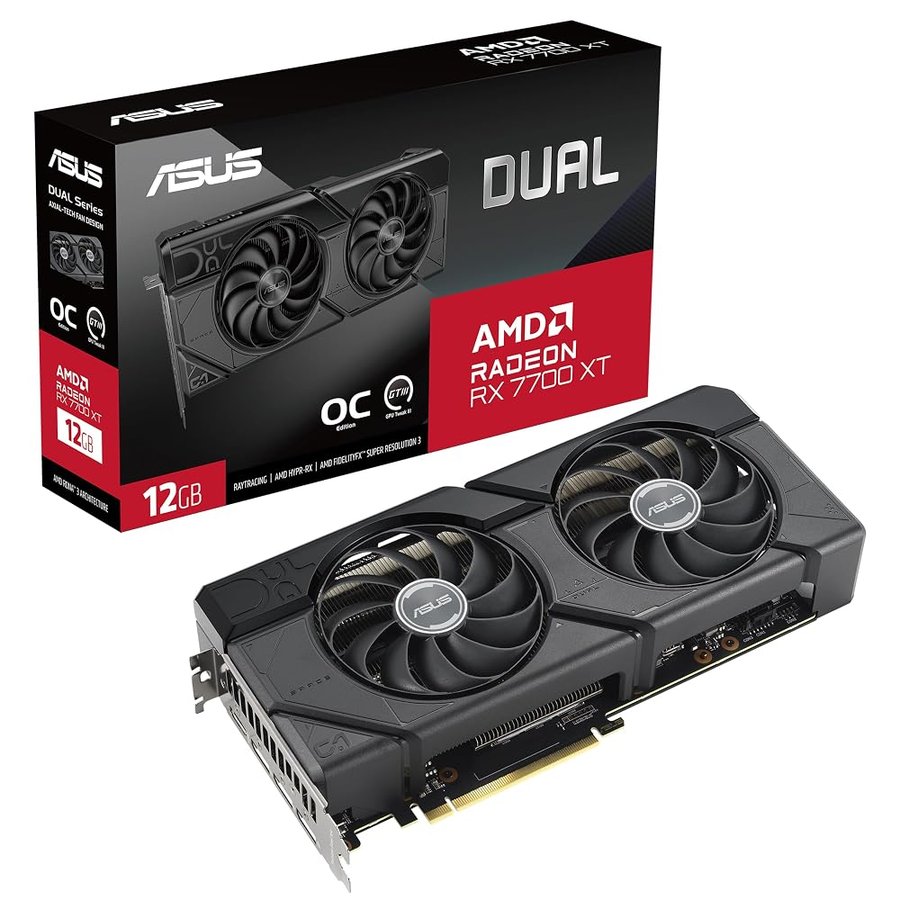 ASUS DUAL AMD Radeon RX 7700 XT OC Edition Scheda Grafica 12 GB GDDR6, 192 Bit, PCIe 4.0, HDMI, DisplayPort, Nero, DUAL-RX7700XT-O12G