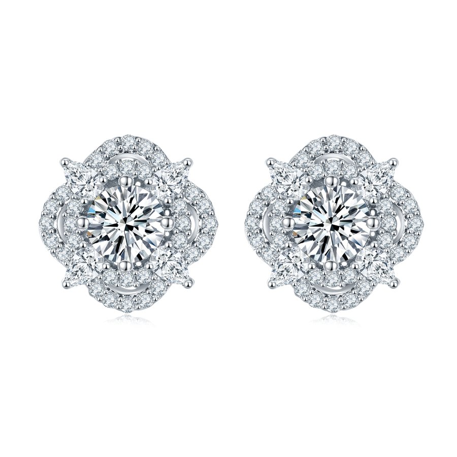 S925 Sterling Silver 1ct D Color VVS1 Moissanite Flower Stud Earrings 11.6mm Pave GRA Certified Gift Box