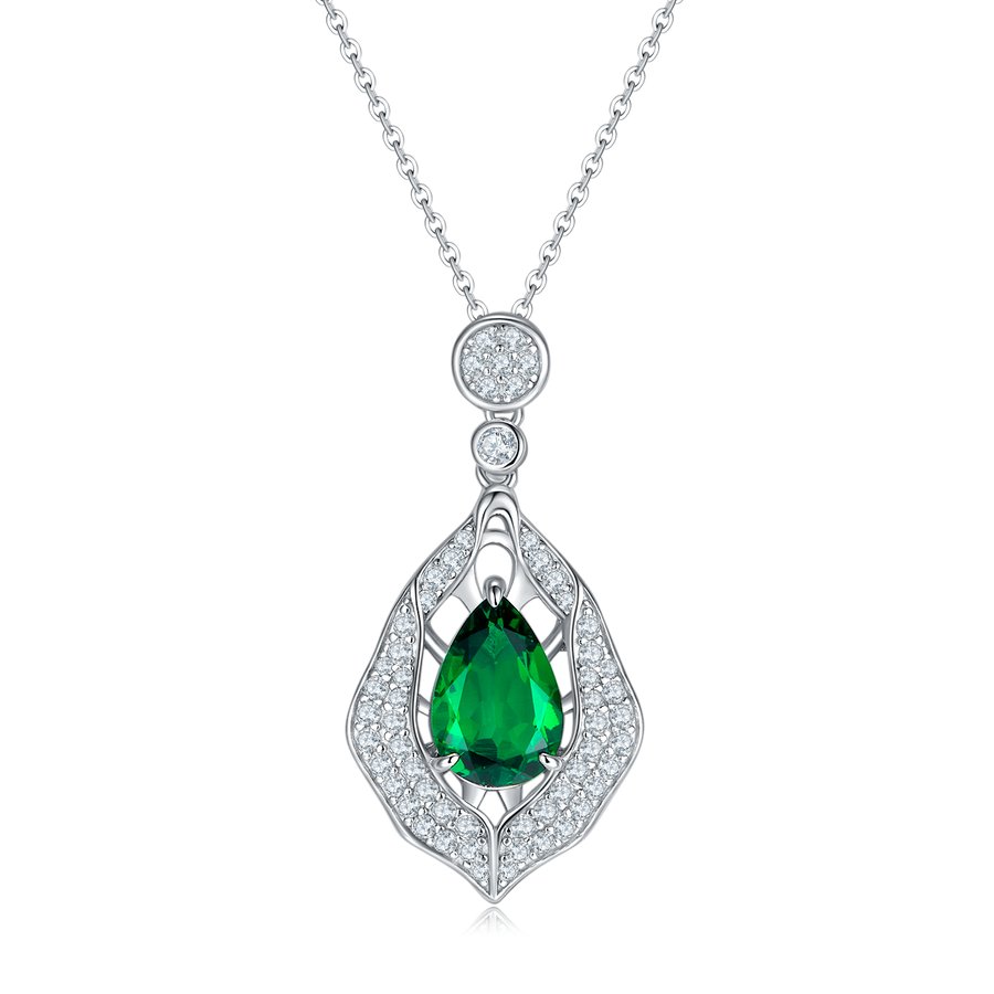 S925 Silver 5.4g Platinum Plated 4ct Lab-Created Emerald Necklace, 12x8mm Teardrop Pendant, 40&5cm