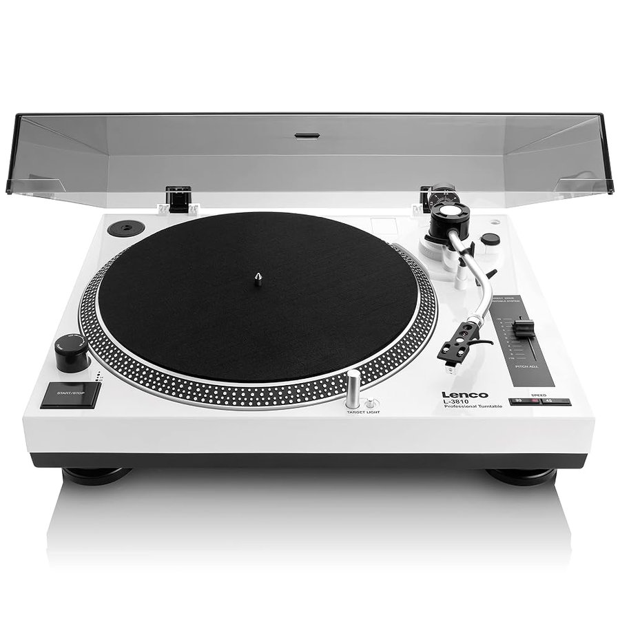 Lenco L-3810 Giradischi con azionamento diretto – Giradischi DJ – 33/45 giri/min – Pitch Control – Sistema di pickup magnetico – Illuminazione ago – Pitch Control – Bianco