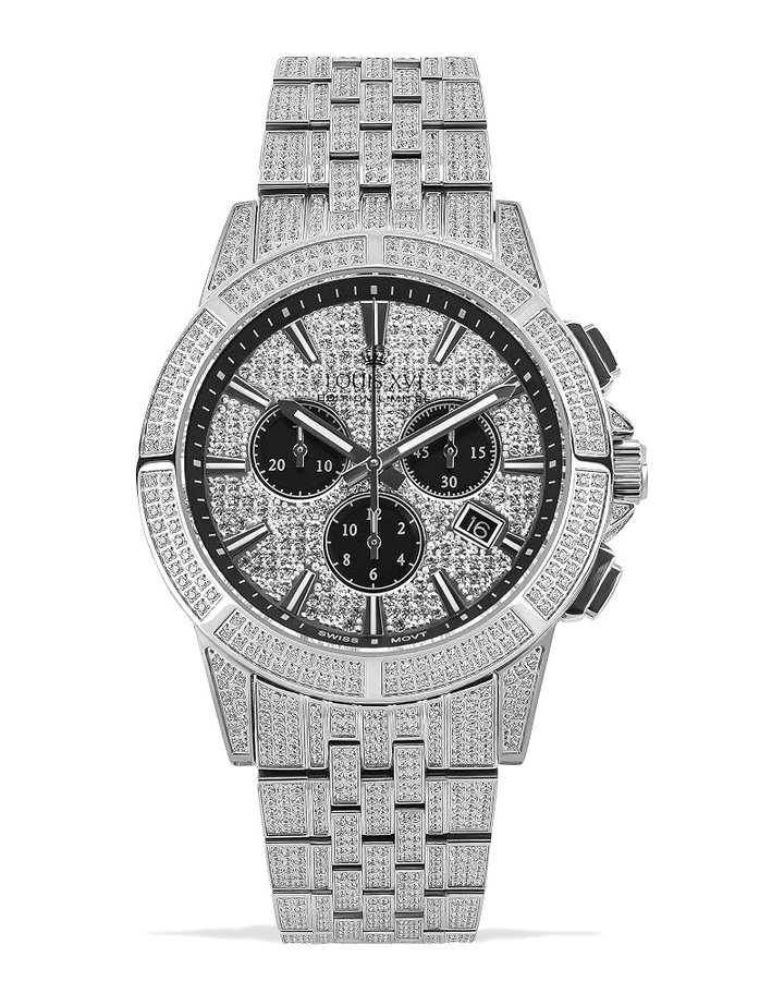 Majeste, orologio da uomo Full Iced Out, cronografo, 43 mm, movimento al quarzo svizzero, cinturino in acciaio inox, quadrante oro e argento, con diamanti CZ