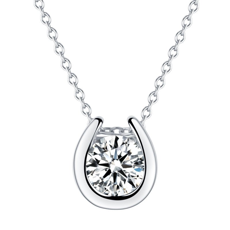 S925 Sterling Silver Minimalist Pendant Necklace, 1ct D-VVS1 Moissanite, Horseshoe Bezel Setting, Platinum Plated 38&41cm Chain, 2.4g GRA Certificate Gift Box