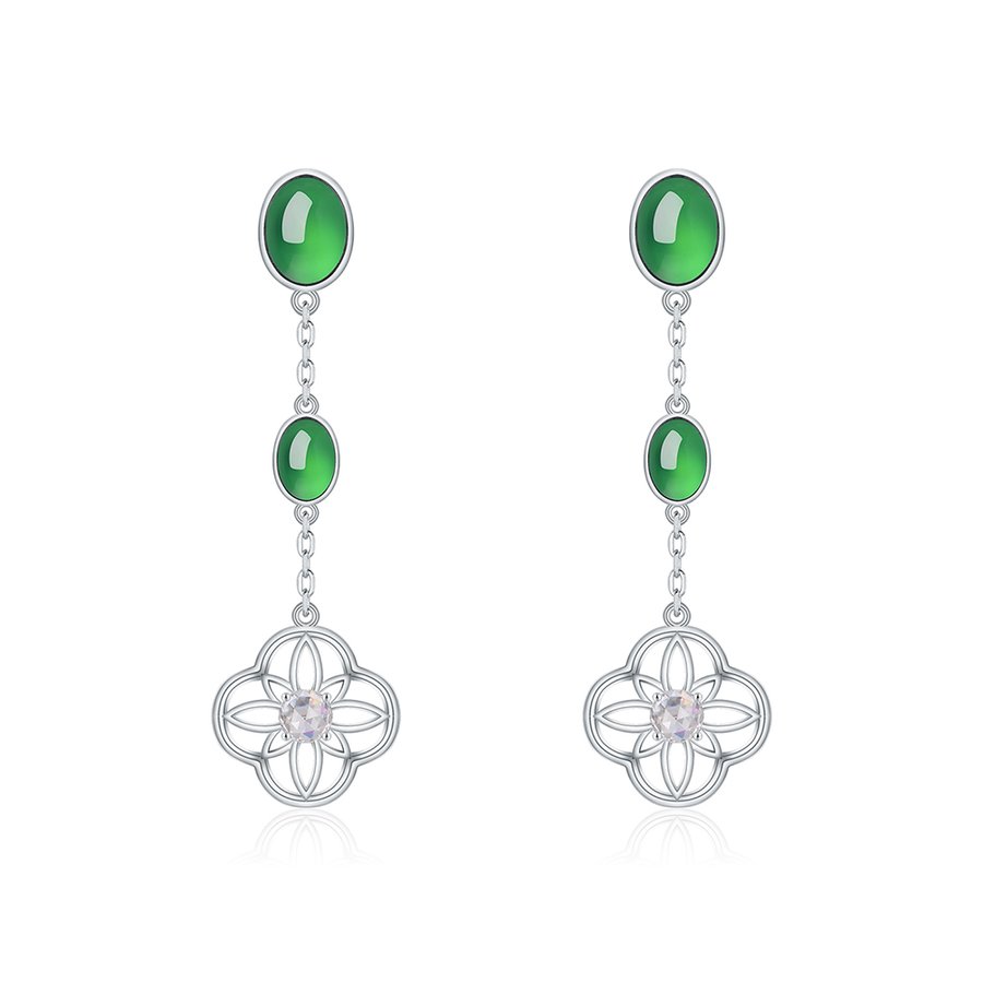 S925 Sterling Silver Dangle Earrings, 8x6mm Oval Green Chrysoprase Drop Earrings, Platinum Plated 4.7g Elegant Long Chain Earrings With Gift Box