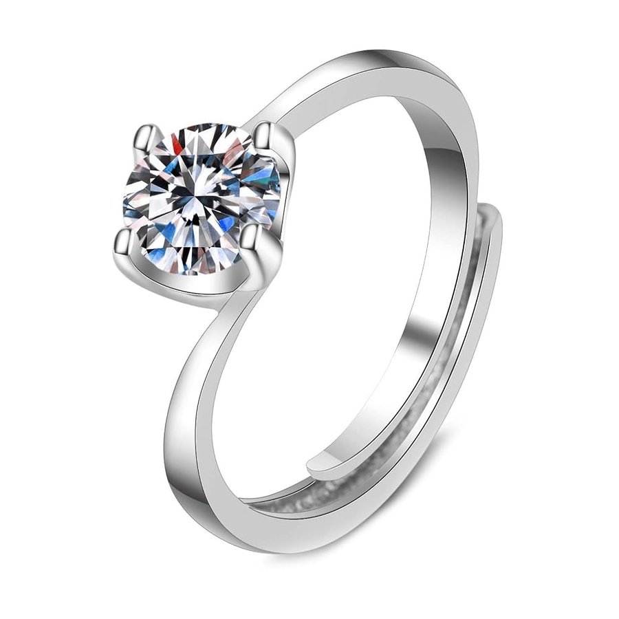 Anello di Matrimonio Oro Bianco 14K, Fedi Nuziali Donna Onda Regolabile Solitario A 4 Punte Diamante Sintetico Rotondo 1 Carato Anello per Mamma, Fidanzata, Sposa