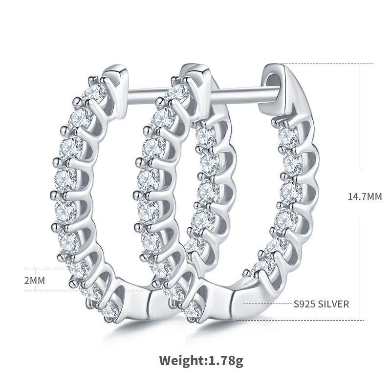 S925 Sterling Silver 30pcs Moissanite Huggie Hoop Earrings For Women 16.5mm Platinum Plated GRA Certified Hypoallergenic Gift Box