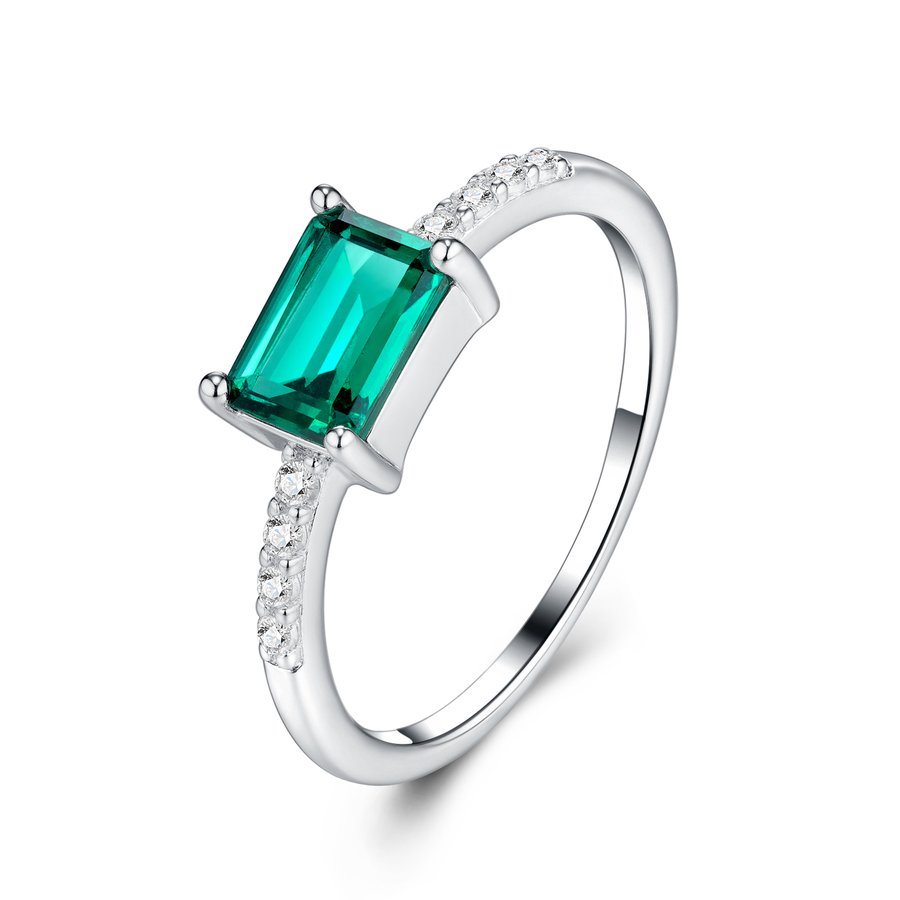 2g S925 Sterling Silver Platinum Plated Ring  Octagon Cut Lab Grown Emerald Band Dainty Minimalist Promise Ring Jewelry Gift Box Set For Women