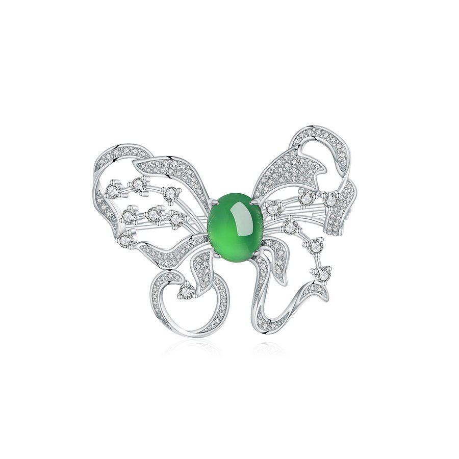 S925 Sterling Silver Butterfly Brooch, 8x10mm Green Chrysoprase Cabochon, Platinum Plated 6.7g, Elegant Women's Brooch Pin With Gift Box