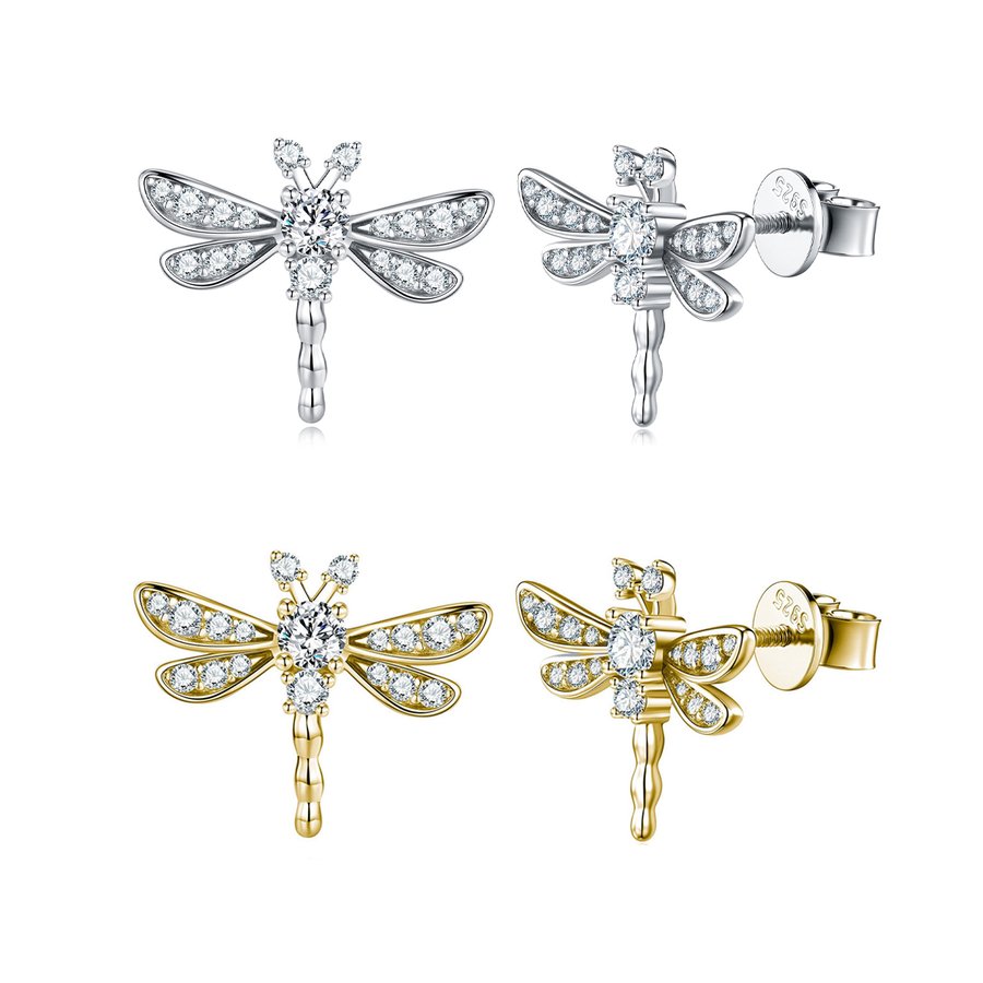 S925 Sterling Silver Dragonfly Stud Earrings, D-VVS1 Moissanite, Platinum Plated 3g, Women's Jewelry Gift Box Set