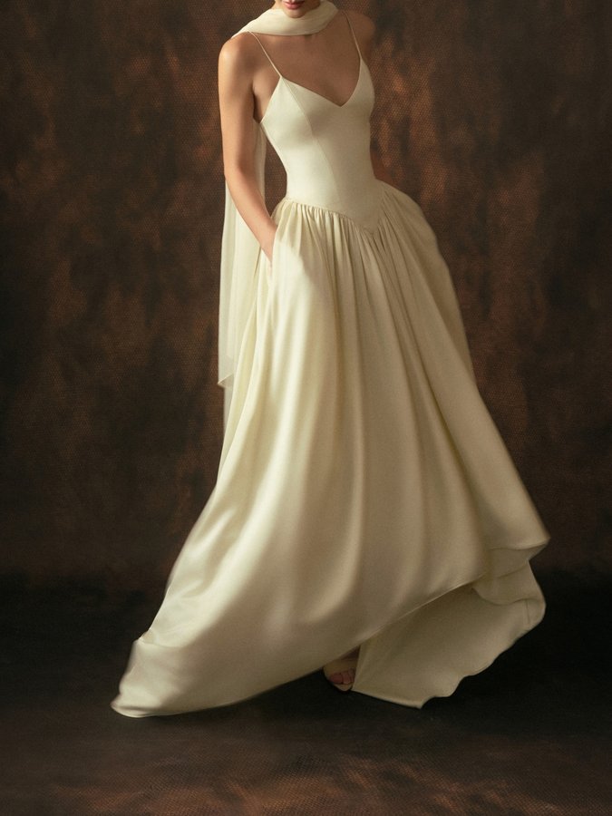Satin Spaghetti Strap Wedding Evening Gown With Scarf