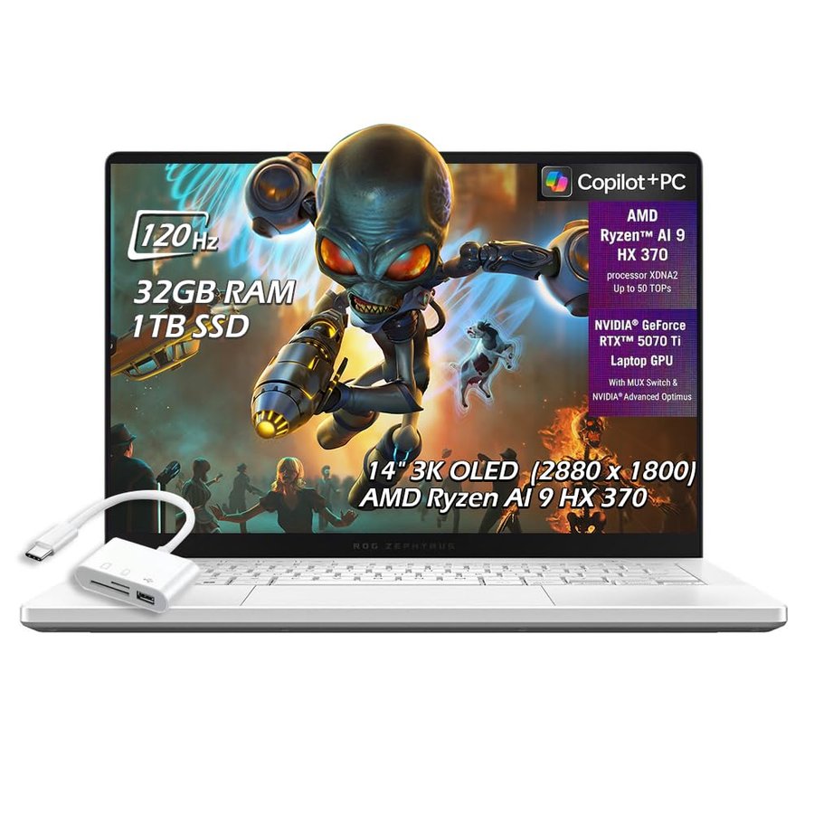 ASUS ROG Zephyrus G14 14" 3K OLED 120Hz OLED Copilot+ Gaming Laptop, AMD Ryzen AI 9 HX 370, 32GB RAM, 1TB SSD, NVIDIA GeForce RTX 5070 Ti 12GB, WiFi7, Win11, Bianco Platino, w/Hub USB, W/GaLiMu