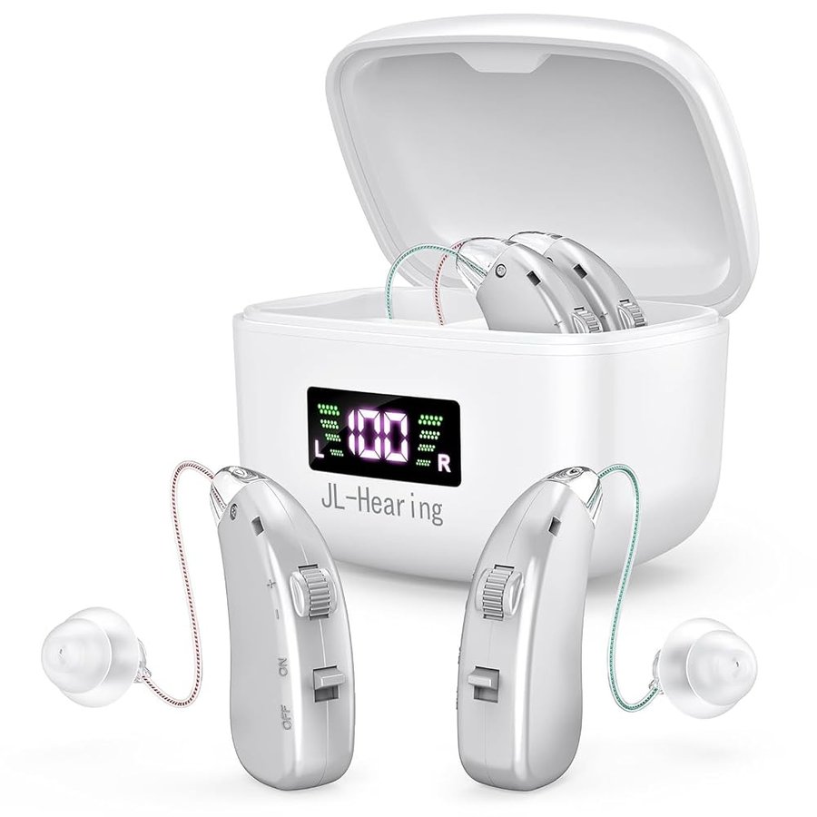 L'amplificatore audio portatile，Dispositivo Ricaricabile, Color Argento, Dotato di Custodia di Ricarica Digitale con LED, Con Funzioni di Cancellazione del Rumore e Anti-Feedback