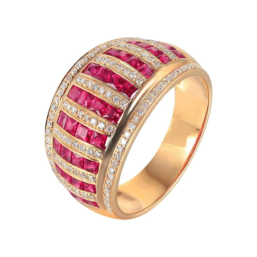 Anelli di Matrimonio Donna, Anello Fidanzamento Oro Rosa 18K Largo Fila Brillante Lusso con Rubino Sintetico da 1.84ct e Moissanite Anelli per Mamma, Fidanzata, Sposa Oro Rosa