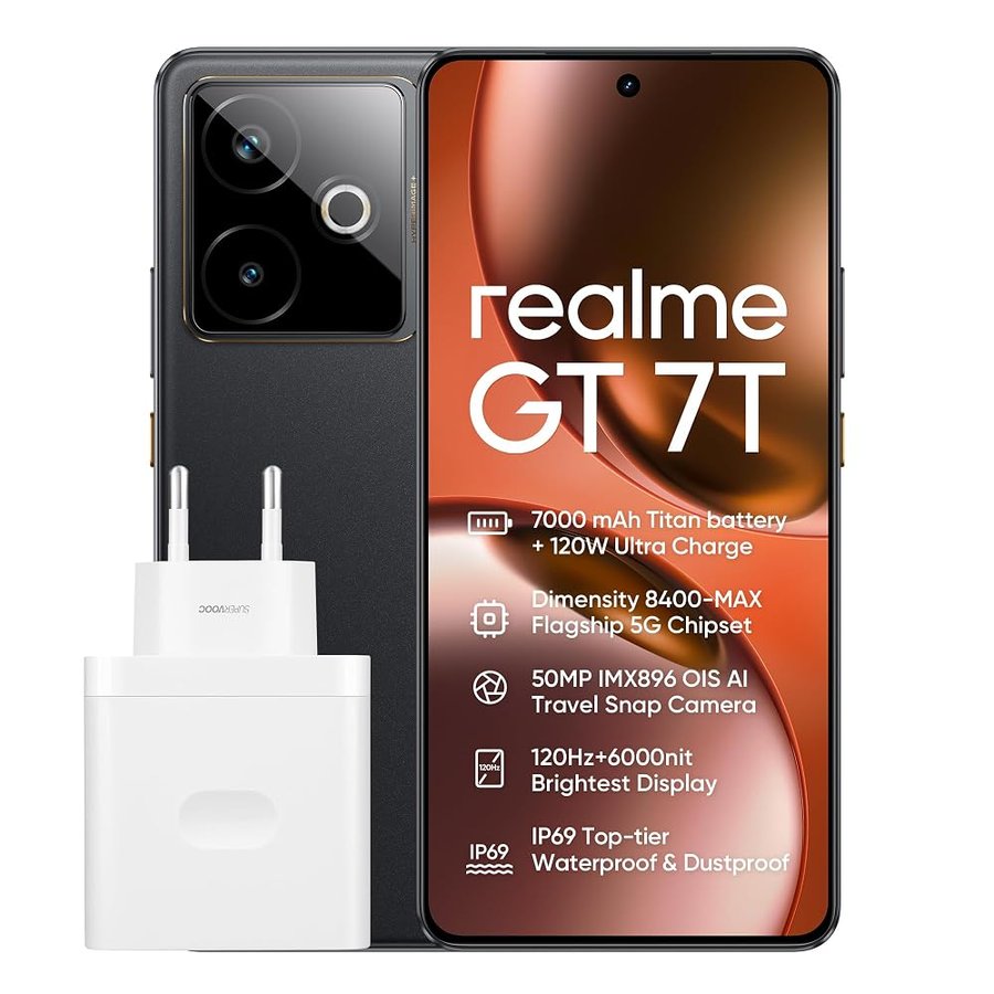 realme GT 7T 5G Smartphone, 12 GB+512 GB, Dimensity 8400-MAX 5G Chipset, 7000 mAh batteria, 120 W di carica, 50MP IMX896 OIS della macchina fotografica, 120 Hz 6000nit Display, IP69, Black rr