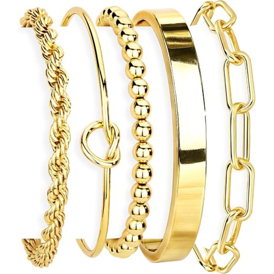 Gold Bracelet Set For Women, 14K Gold Plated Chunky Cuff & Stackable Bangles, Waterproof Fashion Jewelry