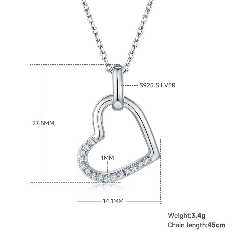 3.4g S925 Sterling Silver 15 Stones Moissanite Heart Necklace 45cm Half Pave Asymmetric Pendant With GRA Certificate, Platinum Plated Romantic Jewelry Gift Box Set For Women
