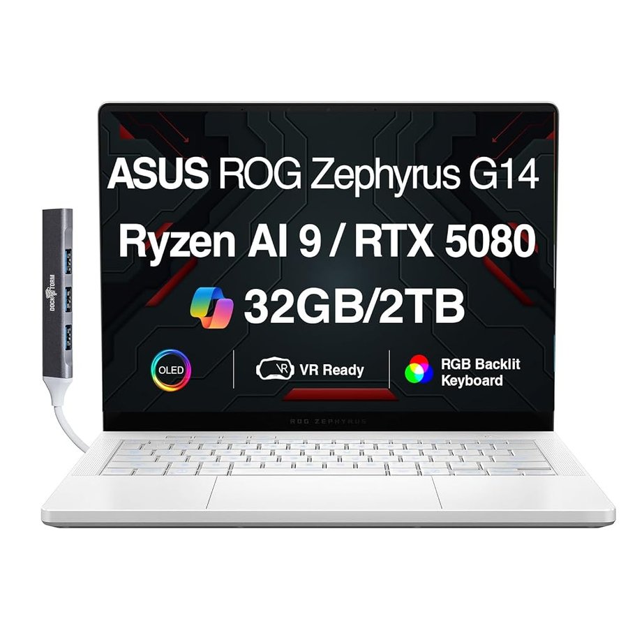 ASUS ROG Zephyrus G14 AI Gaming Laptop 14" 120Hz OLED 2.8K Display (AMD Ryzen AI 9 HX 370, GeForce RTX 5080 16GB, 32GB LPDDR5X, 2TB SSD, RGB KB, Win 11 Home) con espansore porta USB DKZ
