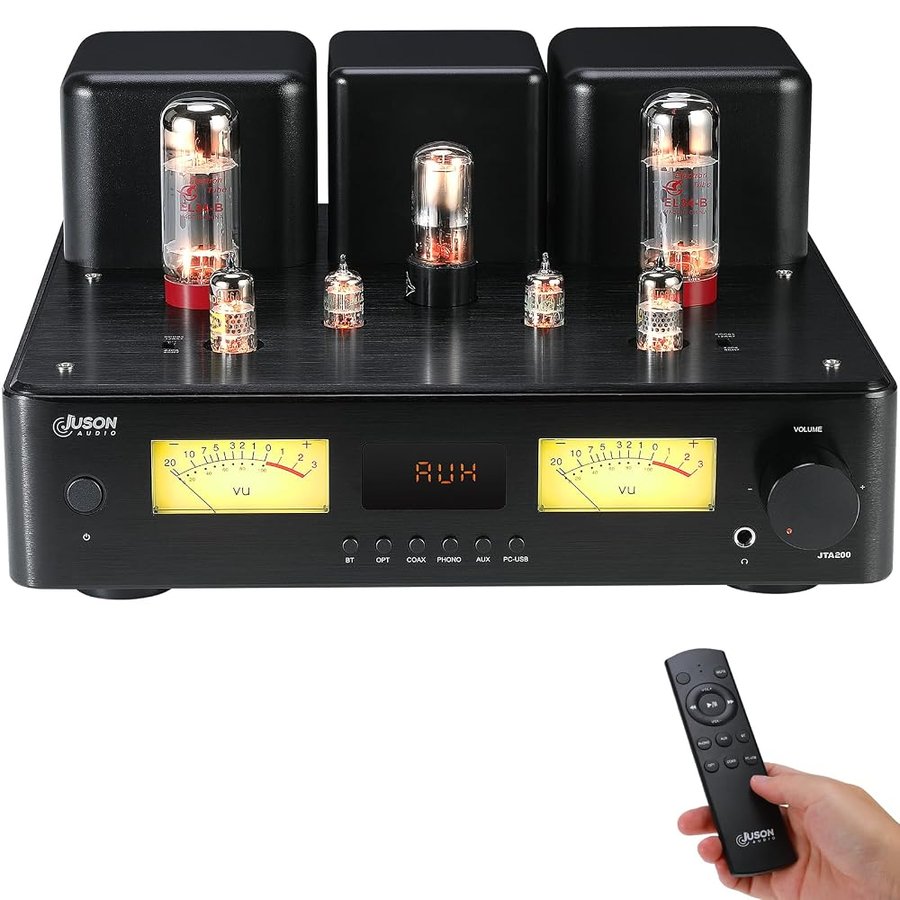 Juson Audio JTA200 EL34 Amplificatore tubolare, 150 W x 2, classe AB HiFi Amp, BT5.4 LDAC aptX HD, stereo ibrido, ingresso phono per giradischi, cuffie e uscita subwoofer