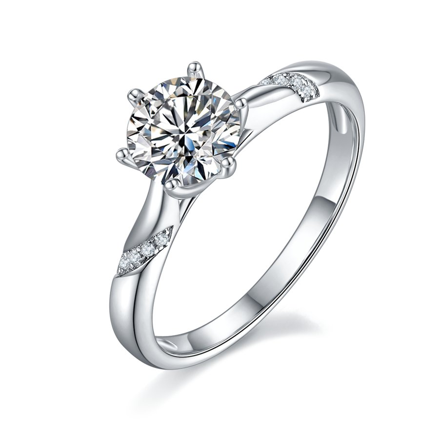 S925 Sterling Silver 1ct Moissanite Engagement Ring, D-VVS1 Round Cut 6-Prong Twisted Band, Platinum Plated US Sizes 5-9, GRA Certificate Gift Box