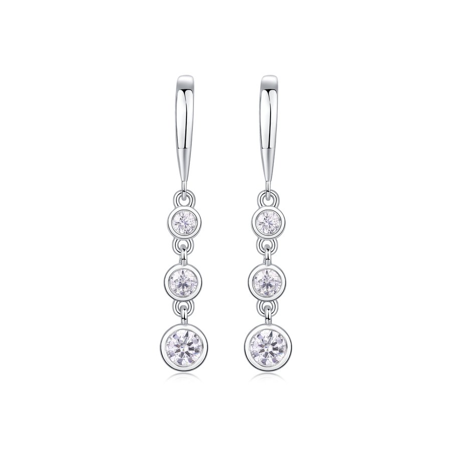 S925 Sterling Silver Three-Stone Drop Earrings, D-VVS1 Moissanite Bezel-Set Dangle, Platinum Plated 1.8g Women's Jewelry Gift Box