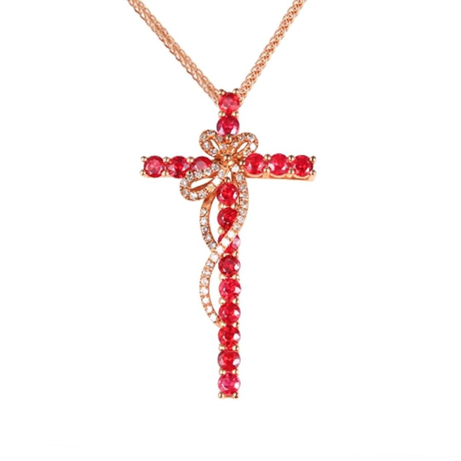 Collana da donna in oro giallo 18 carati 750, catena rossa con croce statement, collana in oro giallo 750 con moissanite da donna, gioiello in vero oro, lunghezza 45 cm, Oro giallo 18 carati