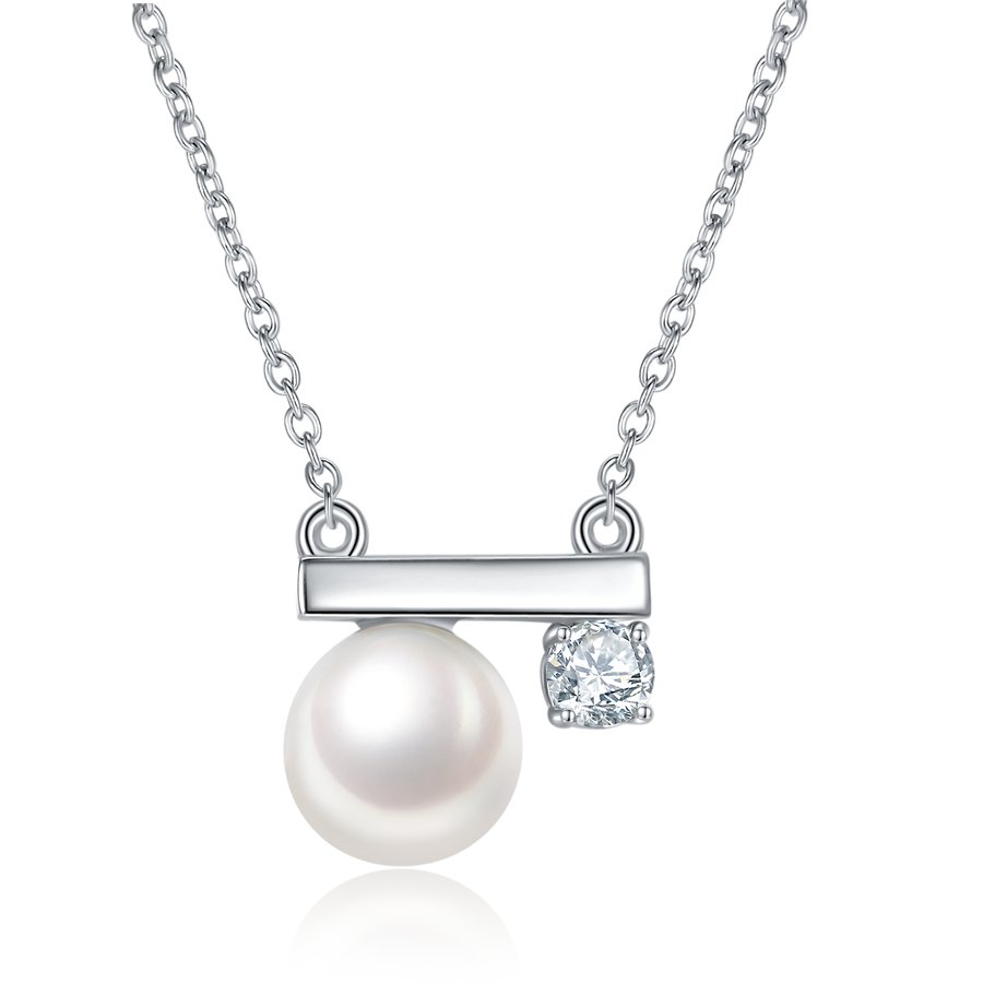 S925 Sterling Silver Natural Freshwater Pearl Necklace Asymmetrical Balance Bar Design Platinum Plated 2g Gift Box