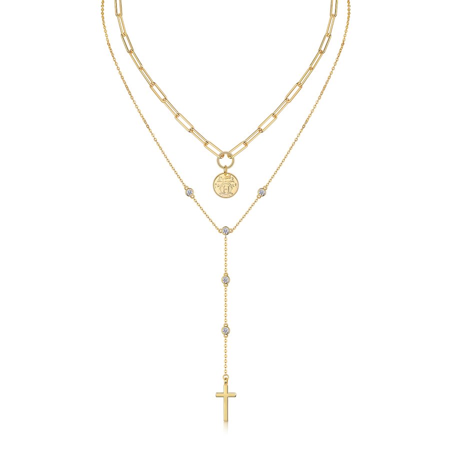 S925 Sterling Silver 0.1ct Moissanite Layered Necklace 14.4g Cross Coin Pendant Y-Necklace 40cm Gold Plated GRA Certified Gift Box