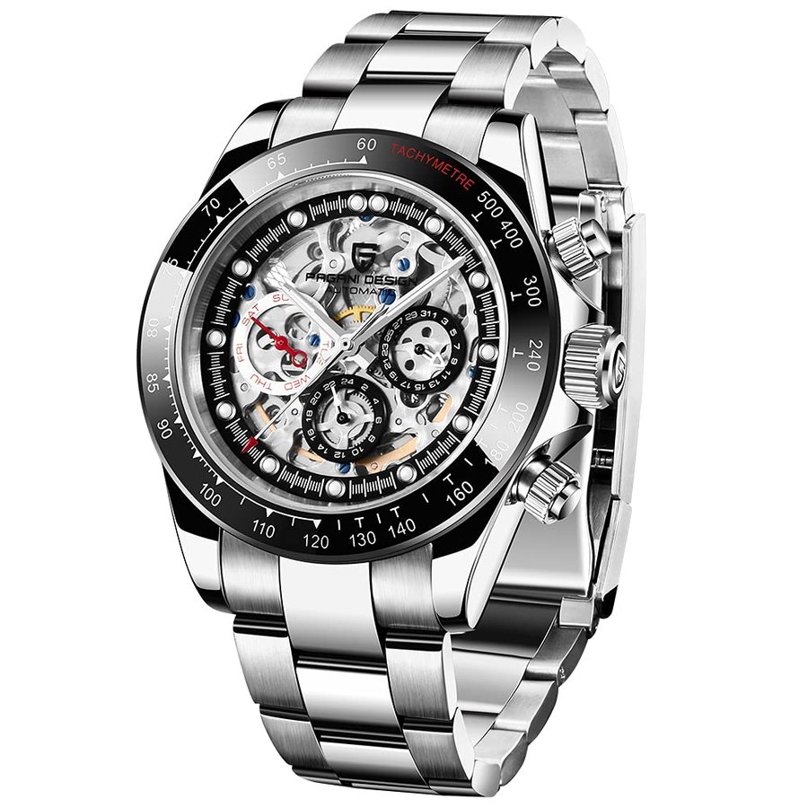 Pagani Design Lusso Uomo Orologio Meccanico Automatico Gioiello Arcobaleno Lunetta Scheletro Quadrante Acciaio inossidabile 100M Impermeabile Luminoso Orologi Cronografo Sportivo Multifunzionale