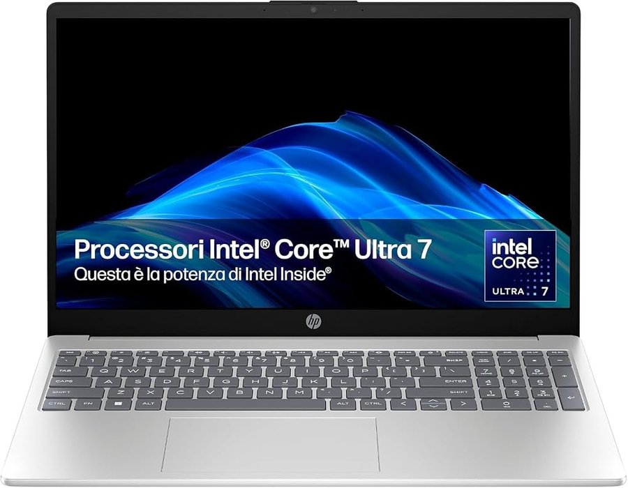 HP Laptop 15-fd2004sl, PC Portatile 15", Display FHD, Notebook, (Intel Core Ultra 7 255U, RAM 24GB, SSD 1TB, Windows 11), Computer Portatile, Uso quotidiano, Tastiera Italiana, QWERTY, Argento