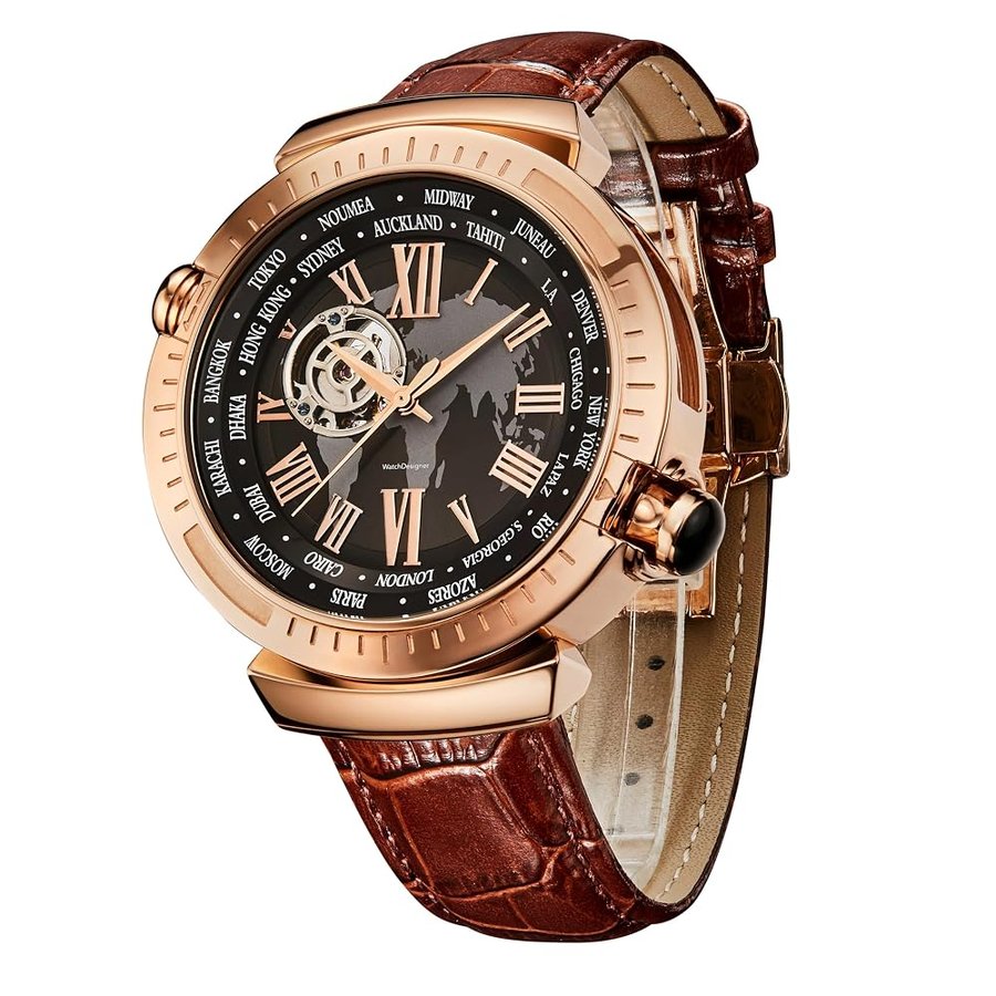 Orologio Automatico Meccanico da Uomo Scheletrato,Quadrante con Mappa del Mondo, Cassa in Acciaio Placcata Oro 18K, Vetro Zaffiro, Cinturino in Pelle Vera, Eleganza