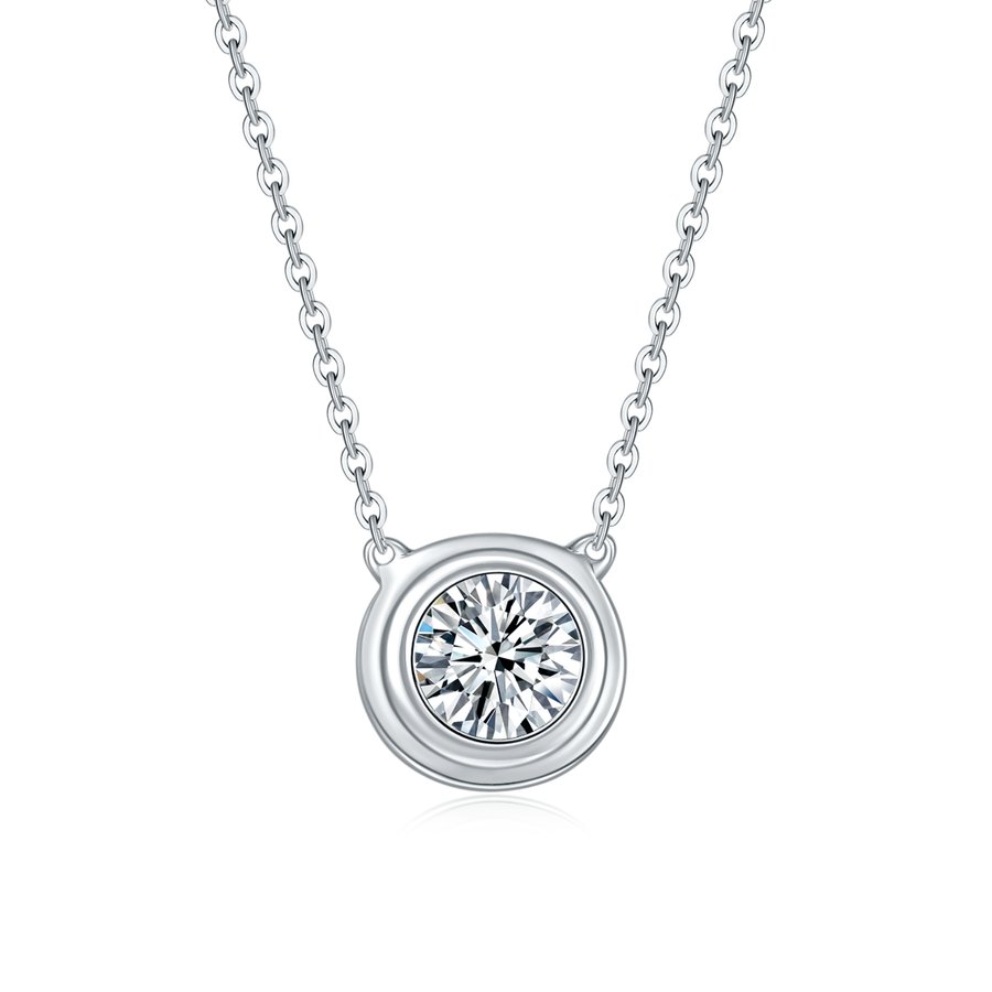 S925 Sterling Silver 1ct Moissanite Necklace, Minimalist Bezel Setting Pendant, Platinum Plated 38.5&42m Chain, Women's Jewelry Gift Box With GRA Certificate
