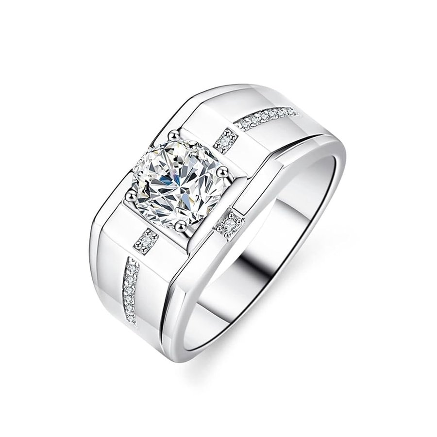 Anello da uomo in oro bianco 18 carati, con montatura rotonda a 4 artigli e argento moissanite da 1 carati, misura 61 (19,4)