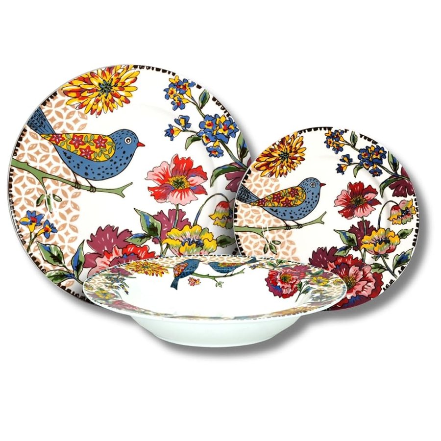 Piatti Porcellana Set 18 Pezzi per 6 Persone Japan Birds Servizio Elegante e Raffinato Uccelli Giapponesi Adatto a Lavastoviglie Forno e Microonde (18 Pezzi)