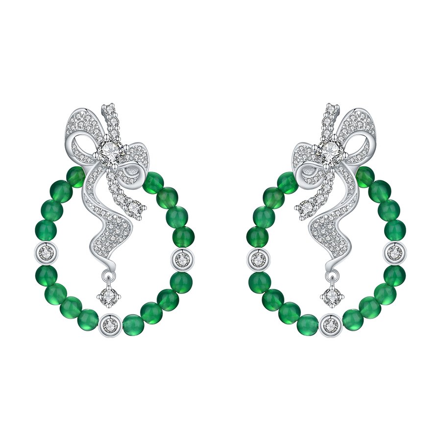 S925 Sterling Silver Bow Hoop Earrings, Round Green Chrysoprase Beaded Dangle Earrings, Platinum Plated 6.4g Elegant Jewelry Gift For Women With Box