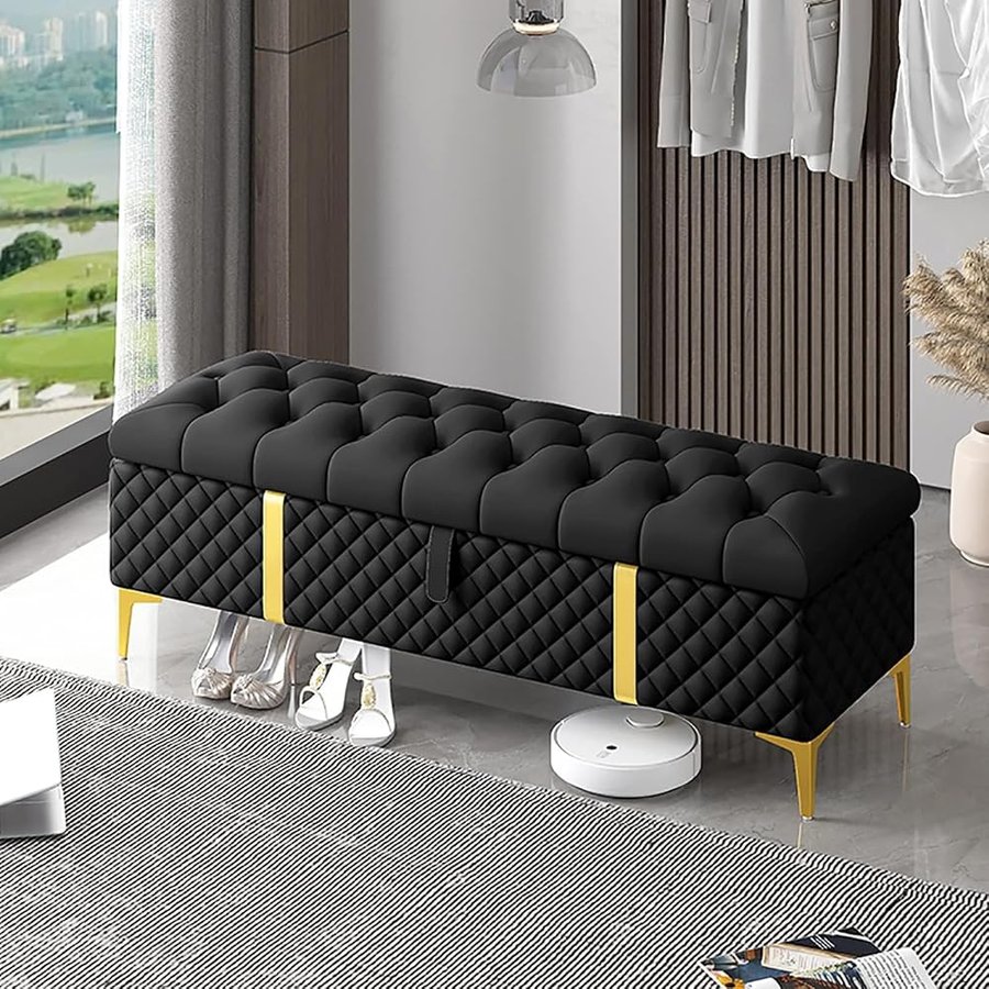 Panca portaoggetti imbottita in pelle con contenitore, design di lusso, 120 x 40 x 45 cm, mobili eleganti per l'organizzazione e la decorazione della casa