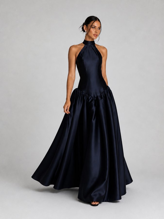 Midnight Navy Satin Halter Neck Ball-Gown Evening Dress