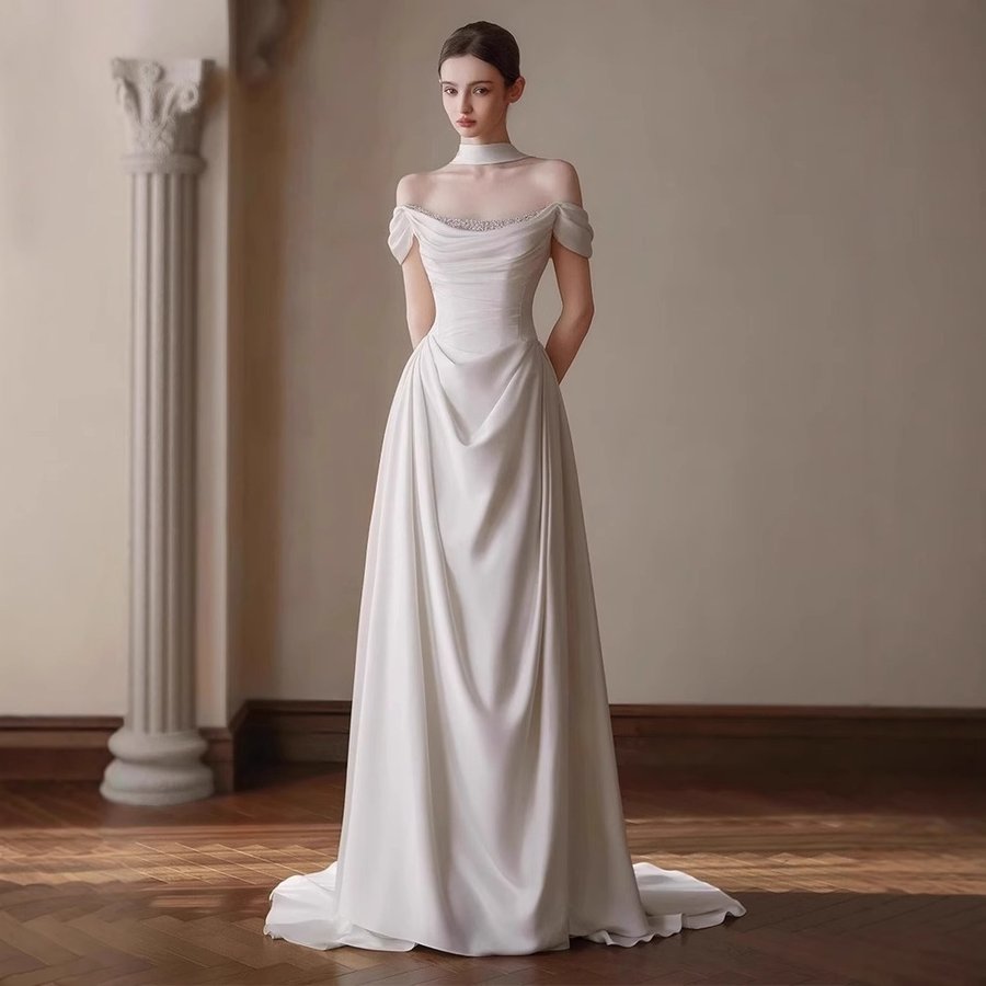 Off-the-shoulder Pleated Waist-cinching French Satin Light Wedding Dress