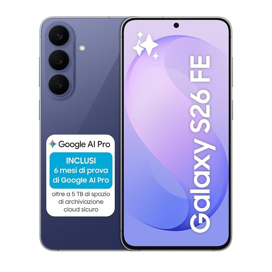 Samsung Galaxy S26 FE, 128GB, Blueberry [Versione Italiana] | 3 Anni di Garanzia, Galaxy AI, Camera 50MP, Assistente Foto, My FanCam, Blocco Orizzontale Video, Batteria 4900 mAh, RAM 8GB