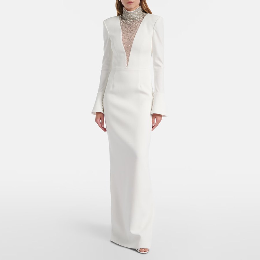 Crystal-Embellished Sheer Mesh Illusion Gown With Bell Cuffs