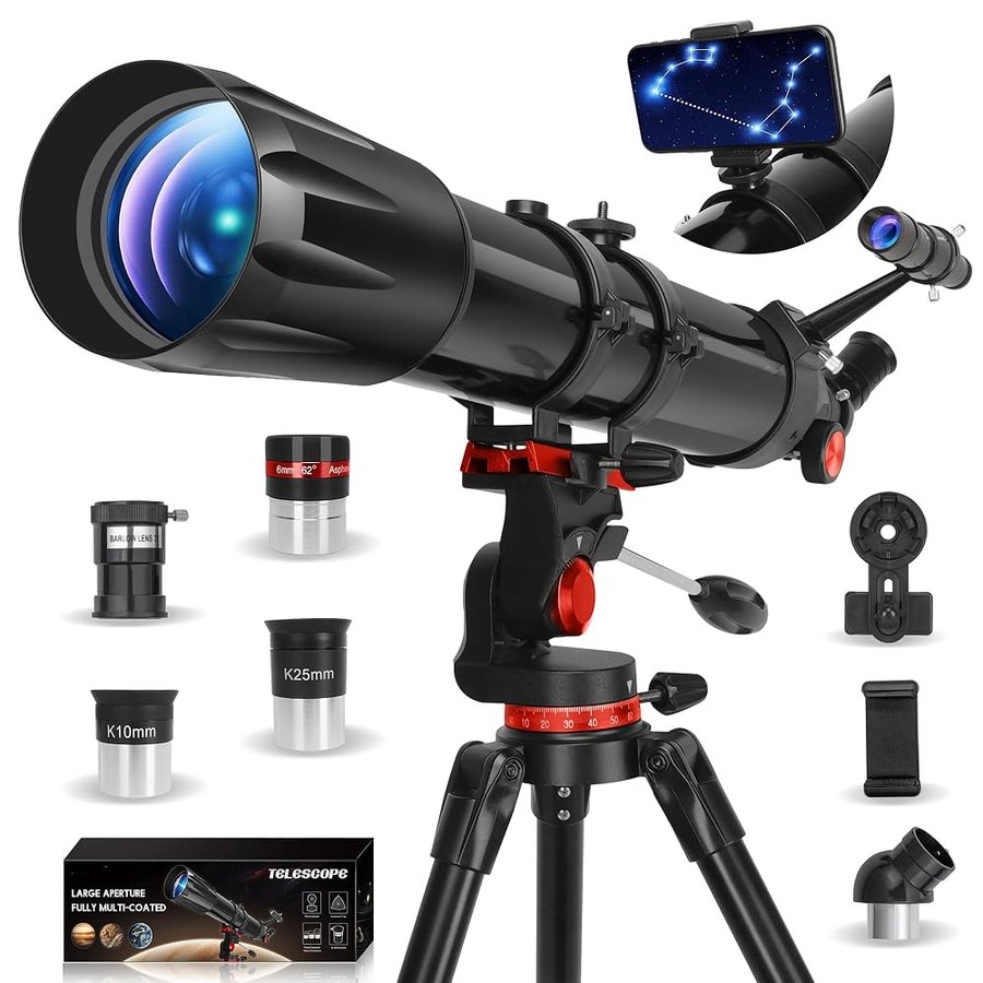HETEKAN Telescopio, Telescopio Astronomico Professionale, 90/900 mm (36X-450X) Telescopios Rifrattore per Adulti Bambini e Principianti, per Osservazioni Planetarie, con Adattatore per Cellulare