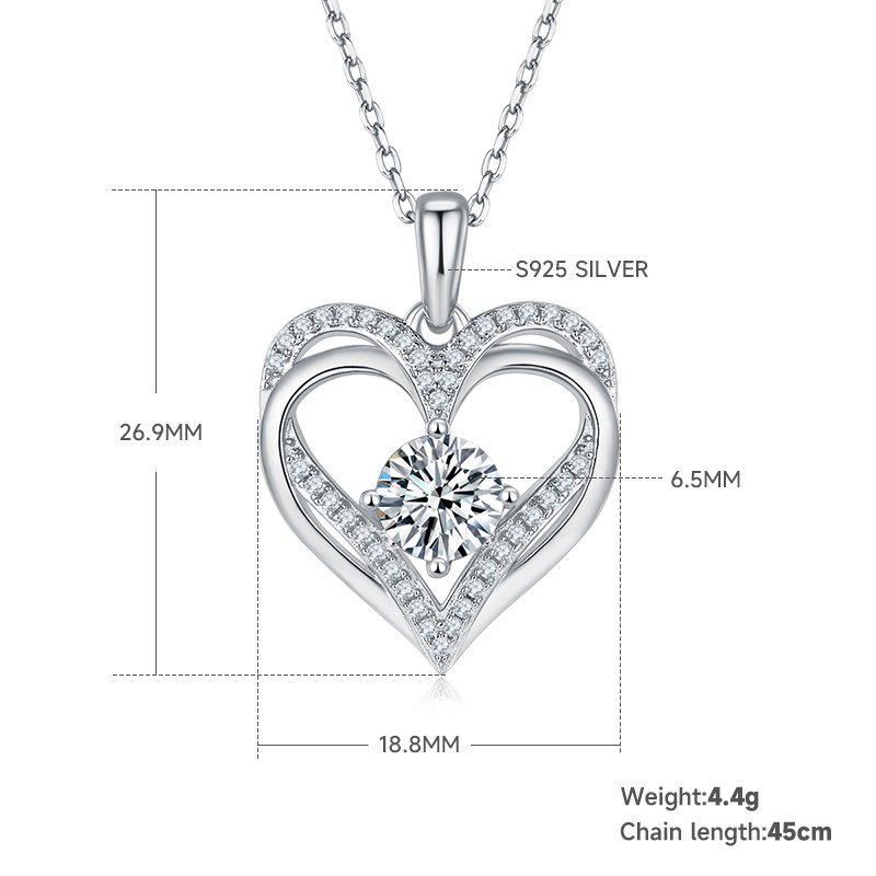 4.4g S925 Sterling Silver Heart Moissanite Necklace 45cm  42 Stones Pendant With GRA Certificate, Platinum Plated Romantic Jewelry Gift Box Set For Women