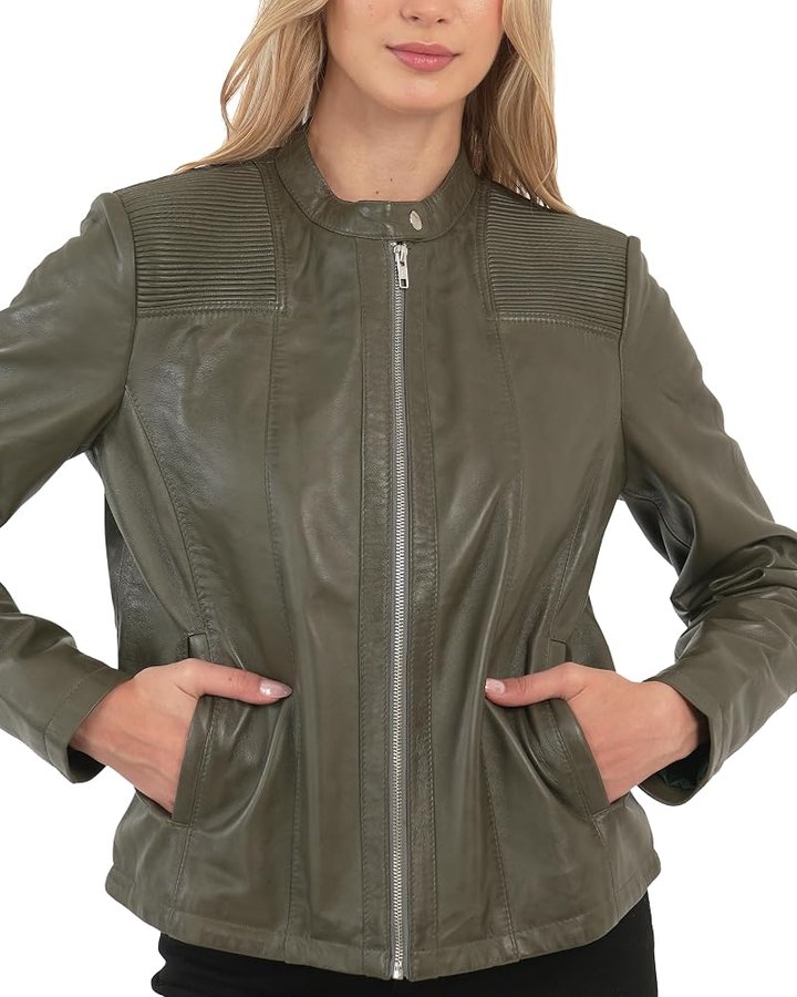 Giacca donna in pelle pieno fiore di agnello, C&C "Matrix", Nero e Menta