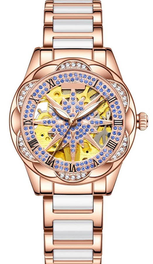 Orologio da polso da donna, di lusso, alla moda, con strass, bianco, in ceramica, orologio meccanico automatico