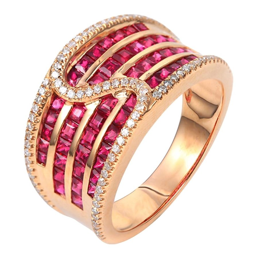 Anelli Fidanzamento Donna Oro Rosa 18K, Anello di Matrimonio Donna Largo Fila Brillante Lusso con Rubino Rosso Sintetico da 2.53ct e Diamante Sintetico Anelli SposaOro Rosa