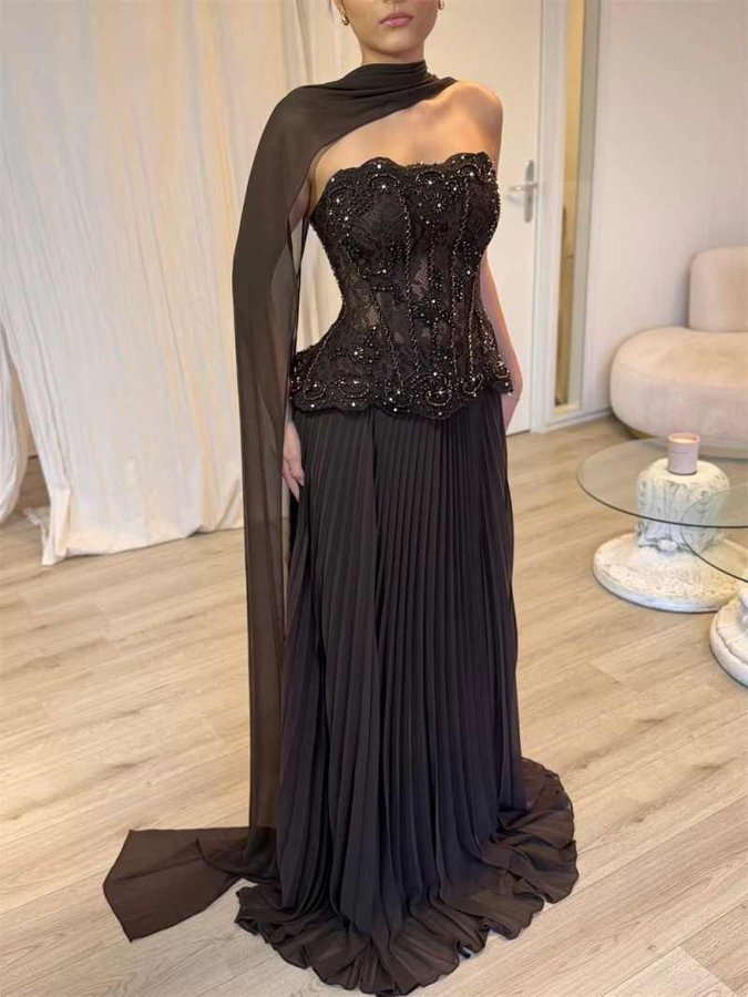 Beaded Corset Peplum Evening Gown With Chiffon Cape Scarf