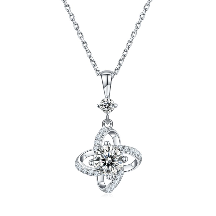 S925 Sterling Silver 4-Leaf Clover Necklace, 6.5mm Moissanite & Lab-Grown Gemstone, Platinum Plated 45cm Chain, 2.8g Women's Fine Jewelry Gift Box