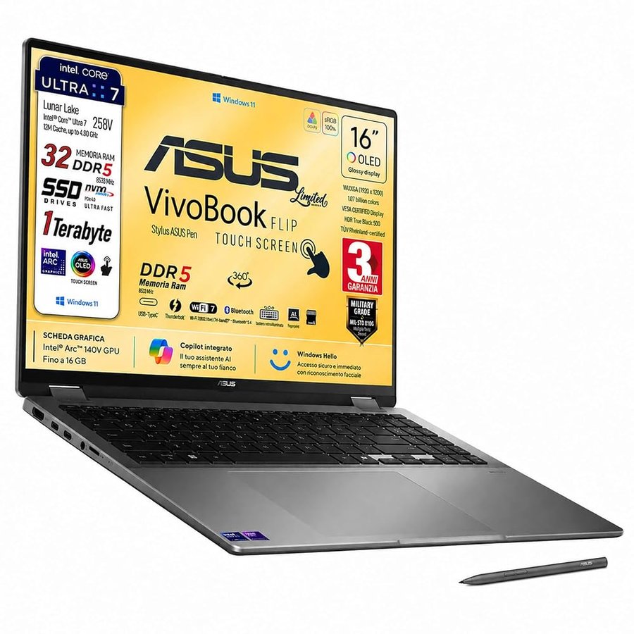 ASUS Vivobook 16 FLIP, U7 258V, DDR5 32Gb, OLED Touchscreen 16" WUXGA FHD+