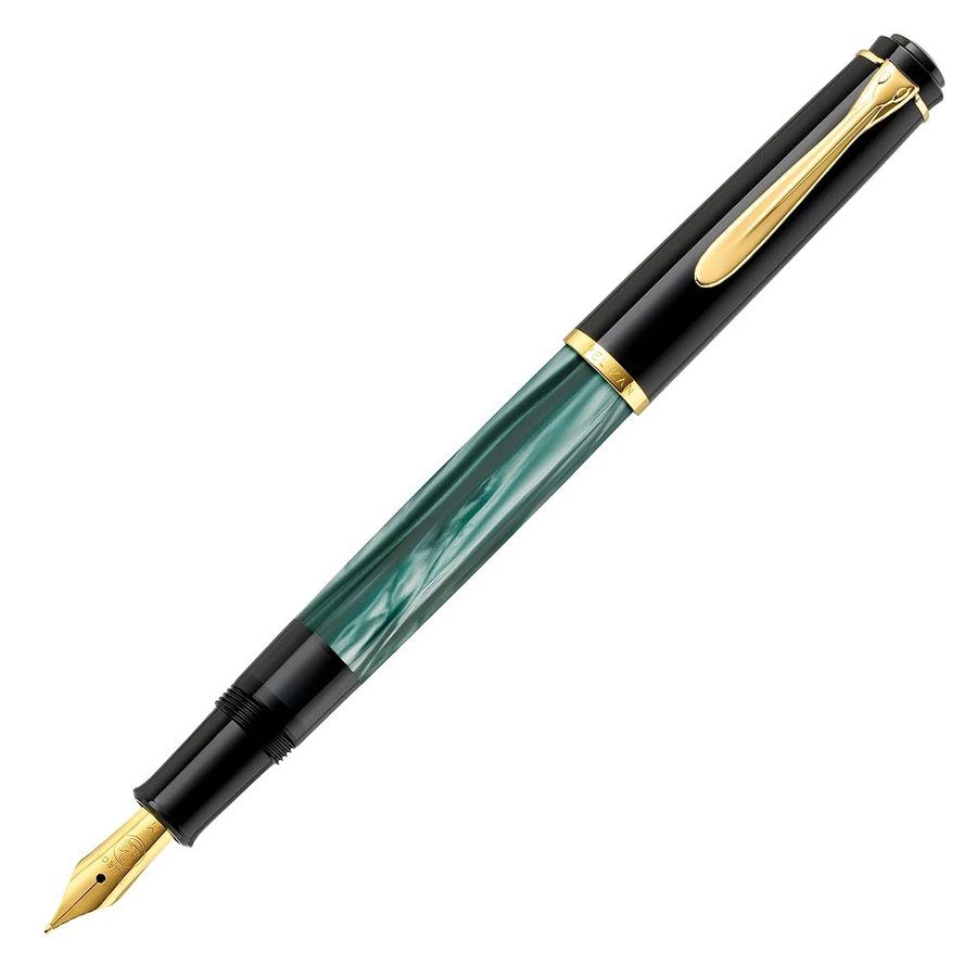 Pelikan 984203 - Penna Stilografica Linea M200 Classic, Verde Marmorizzato/Nero, Dettagli Oro 24K, Pennino in Acciaio Inossidabile, Dimensione B, in confezione regalo