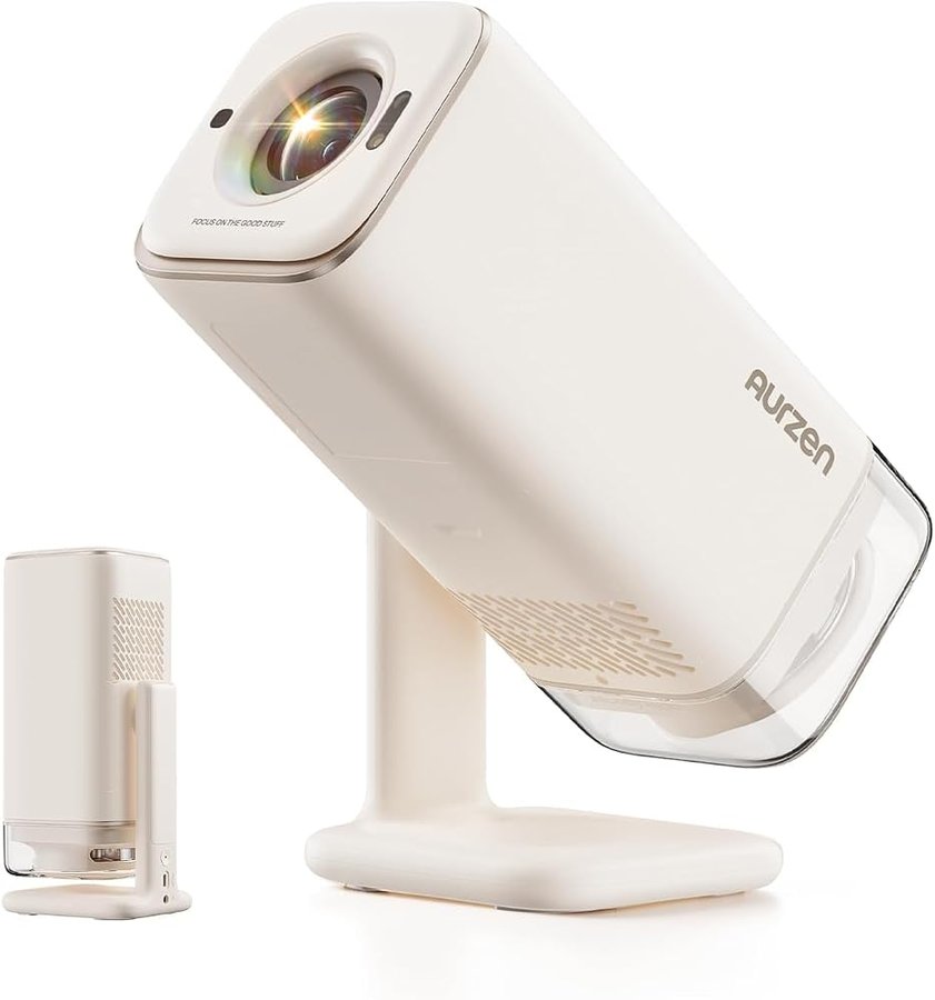 Aurzen Boom Air Mini Proiettore Portatile con Google TV&NetfIix, Supporto 4K, Ricaricabile via USB-C, Video Proiettore da Esterno con Dolby Audio, WiFi & Bluetooth, Autofocus TOF, Bianco Crema