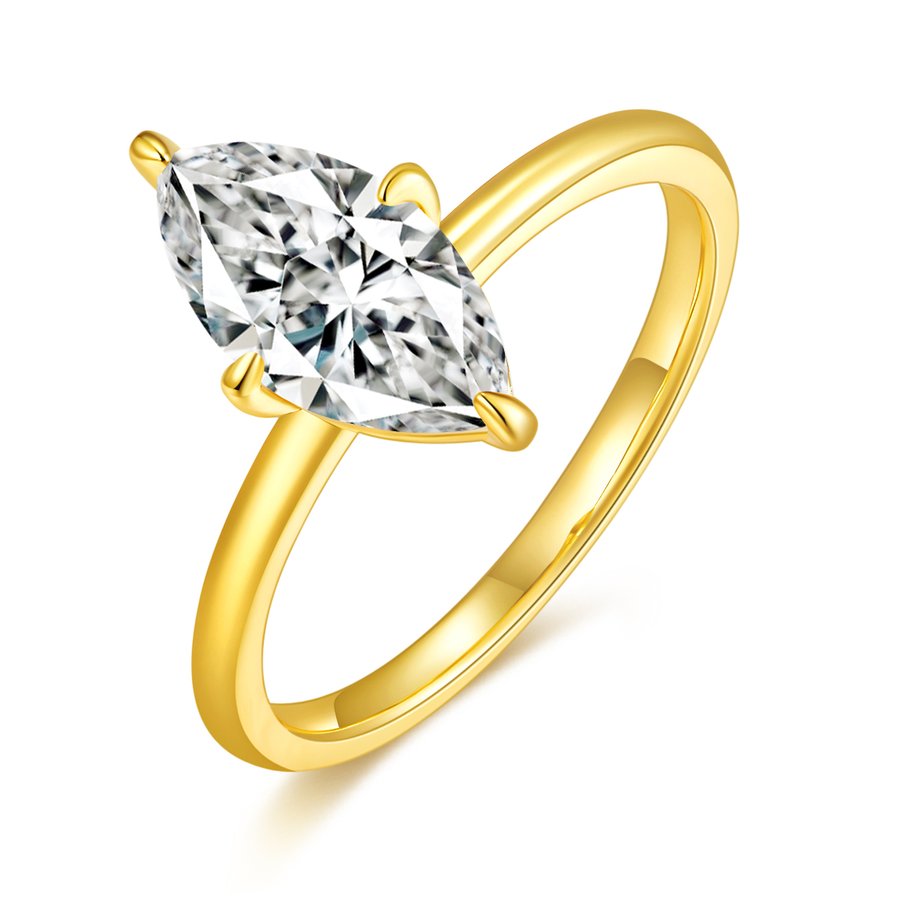 S925 Silver 2.0g Gold Plated 2.0ct Marquise Moissanite Ring, 2x6mm D VVS1, GRA Certified US 5-9